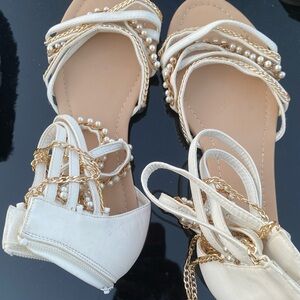 Women's Pearl & Gold Chain White Strappy Sandals